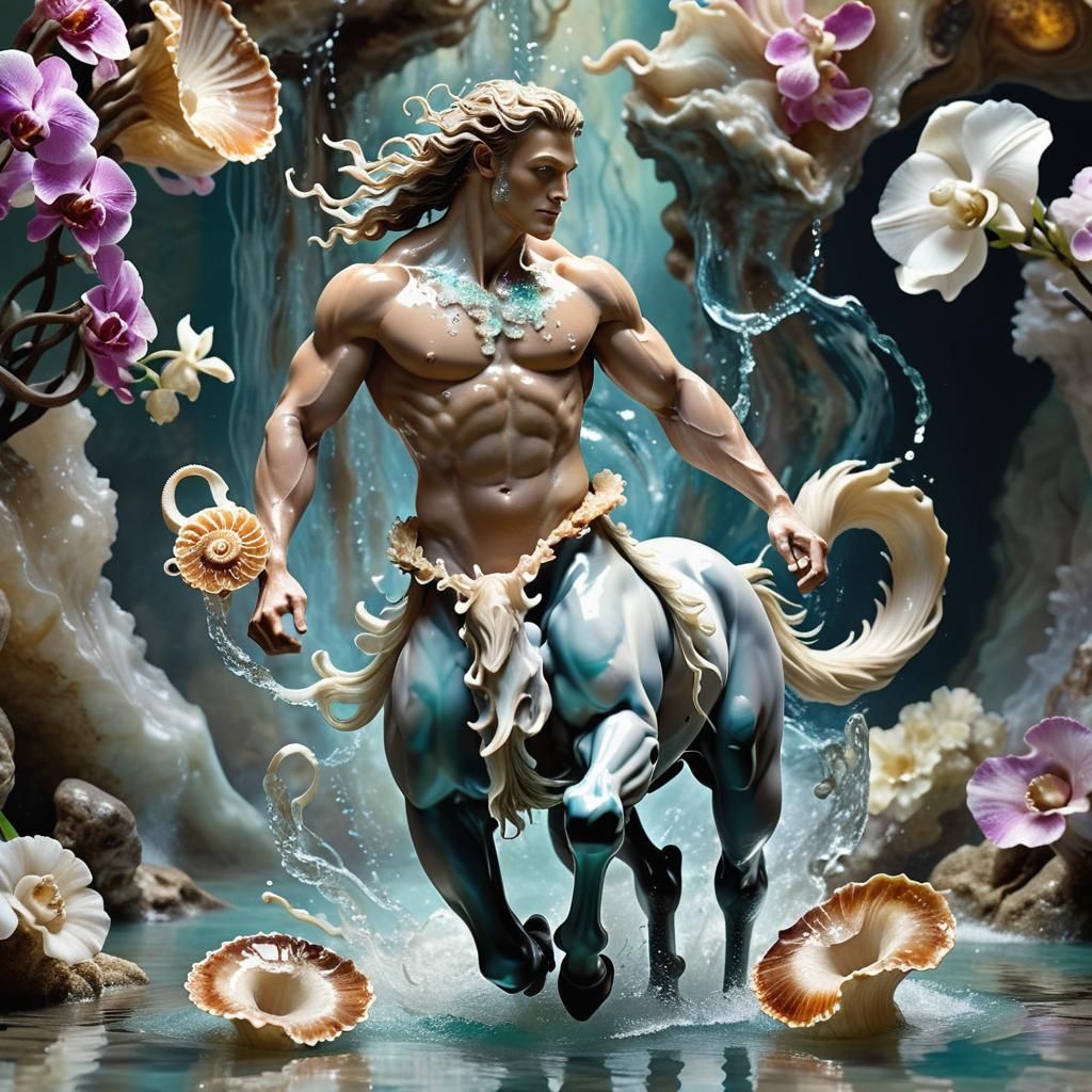 Centaur Galloping Through Swirling Water Elementals