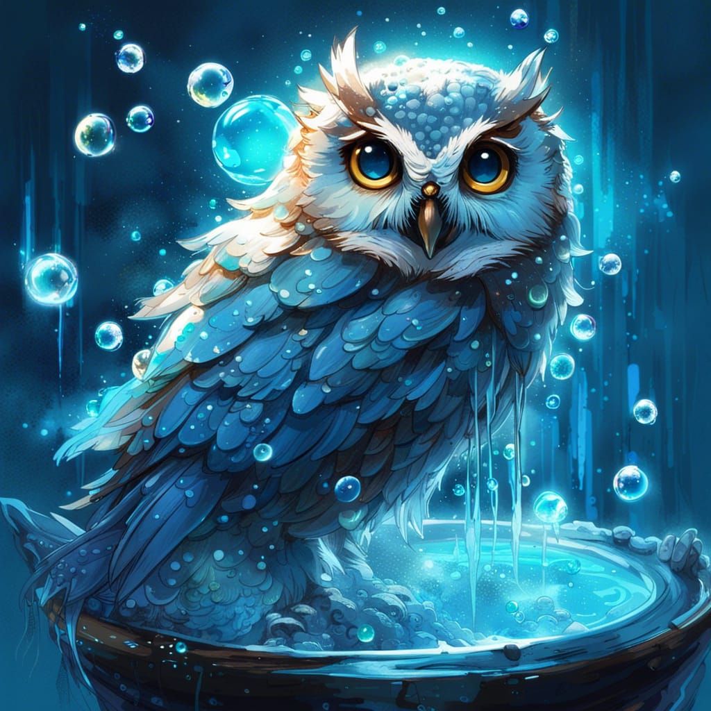 Magical Owl Bathing in Bioluminescent Oasis