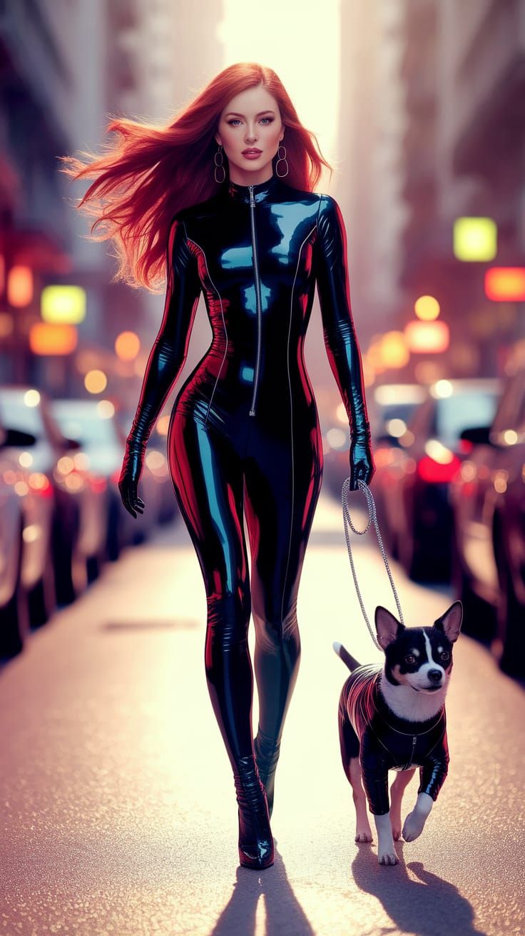 A 25 year old woman with long red hair, wearing a latex catsuit and high heels, walks down the street. Her dog, wearing ...