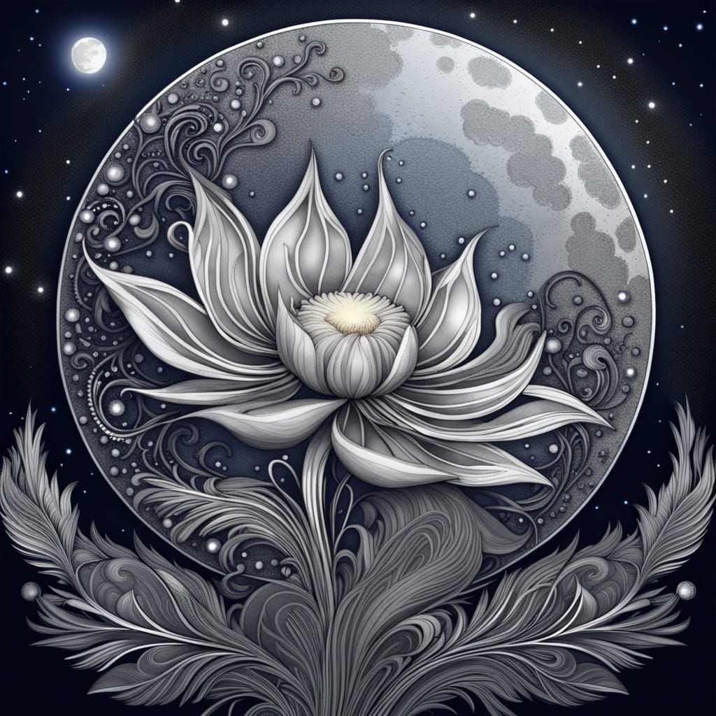 Mystical Silver Flower Under a Full Moon
