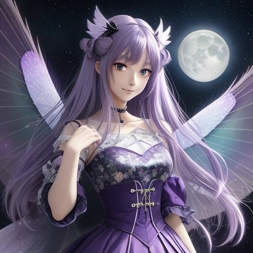 Anime Woman with Moth Wings in Moonlight