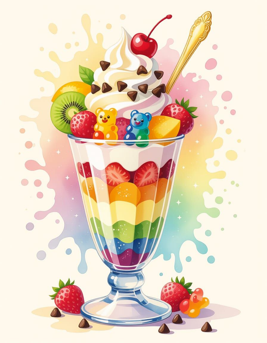 Rainbow Sundae Parfait in Watercolor Splash Style
