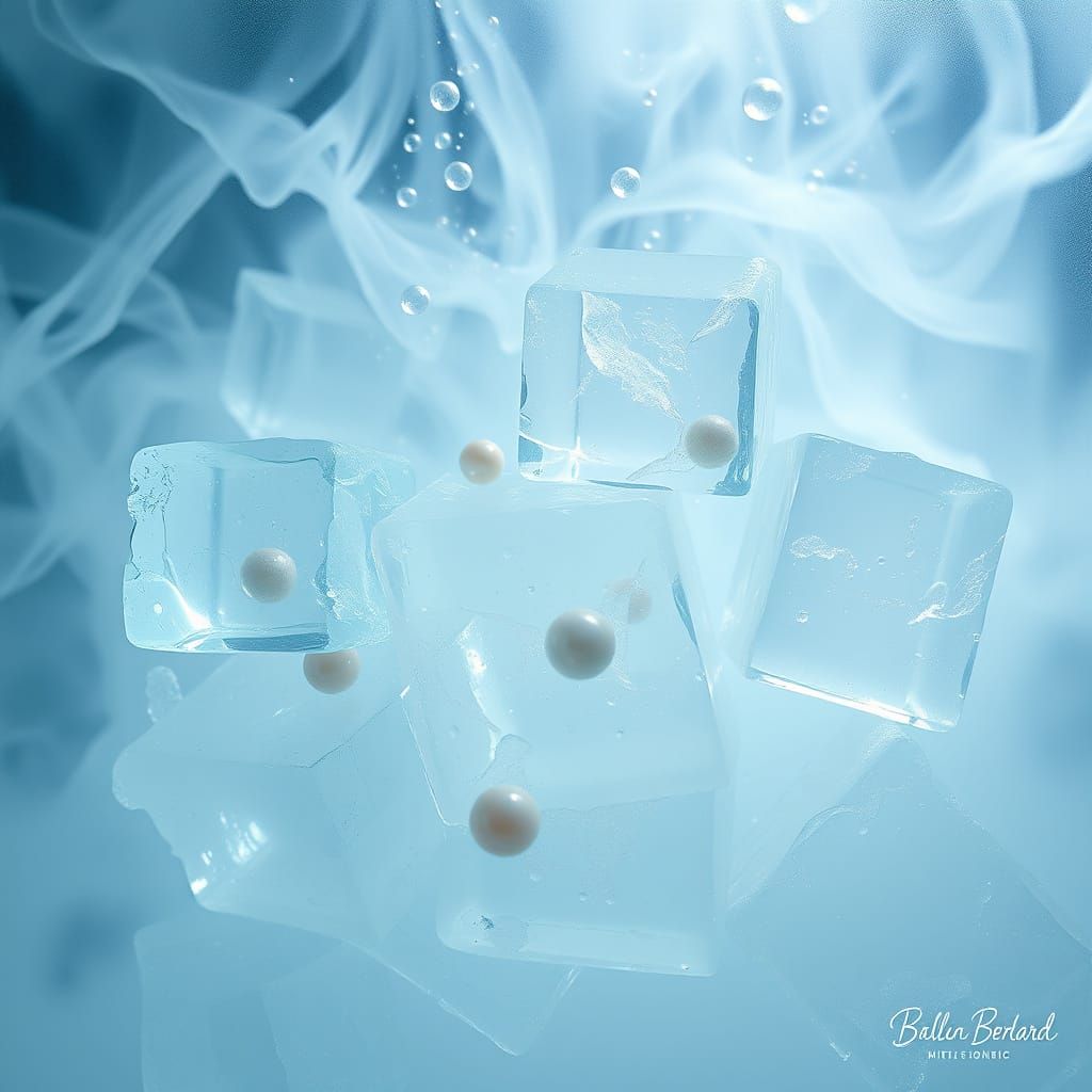 Surreal Glass Aquarium Scene with Coloured Pearls and Irides...