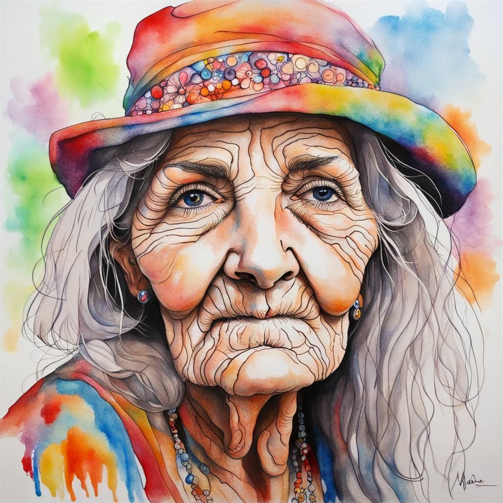 Older Hippie Woman Portrait in Digital Art Style