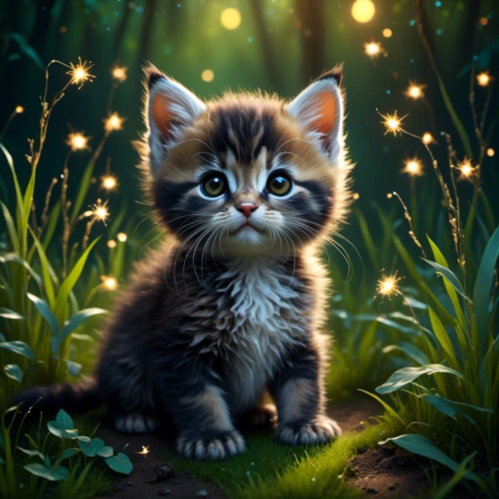 Cute Kitten Surrounded by Fairy Lights