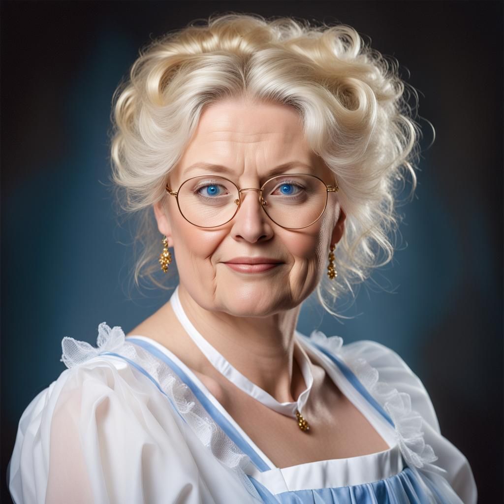 Elegant Mature Woman with Blue Eyes and Apron