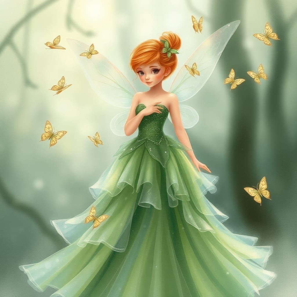 Ethereal Fairy in Green Gown, Watercolor Art