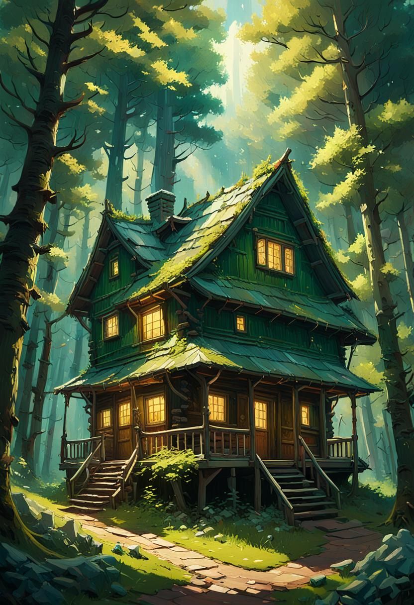 Cabin in Green Woods: Oil Painting
