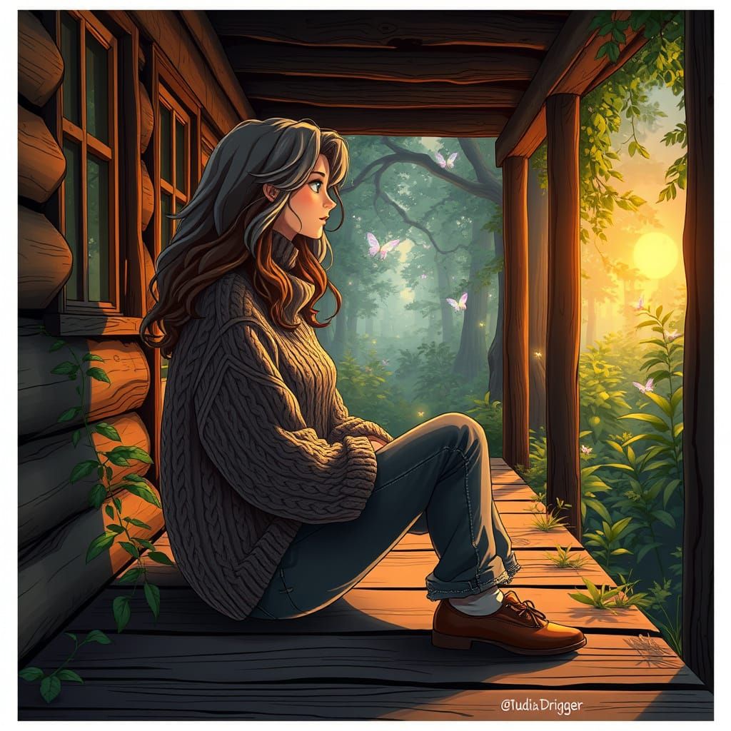 Ethereal Middle-Aged Woman in Whimsical Forest Scene