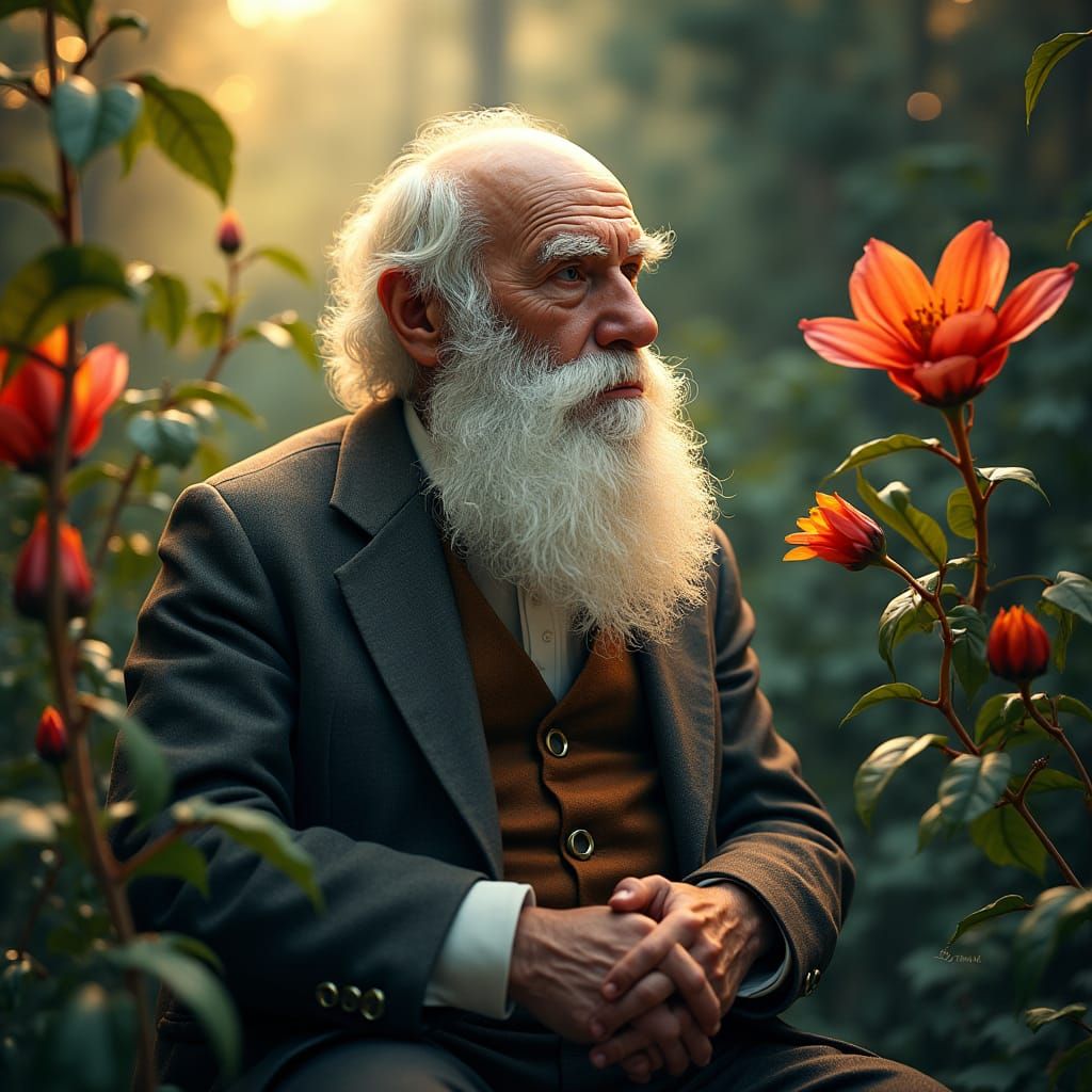 Darwin Portrait with Lush Foliage in Mystical Realism