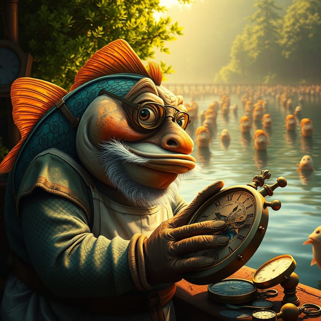 Fish Clockmaker at Lakeside, Hyperrealistic Splash Art