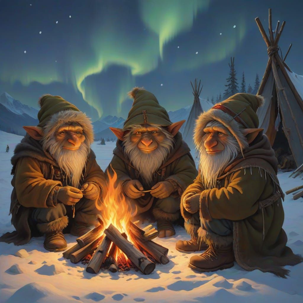 Scandinavian Trolls Gather Around a Cozy Campfire