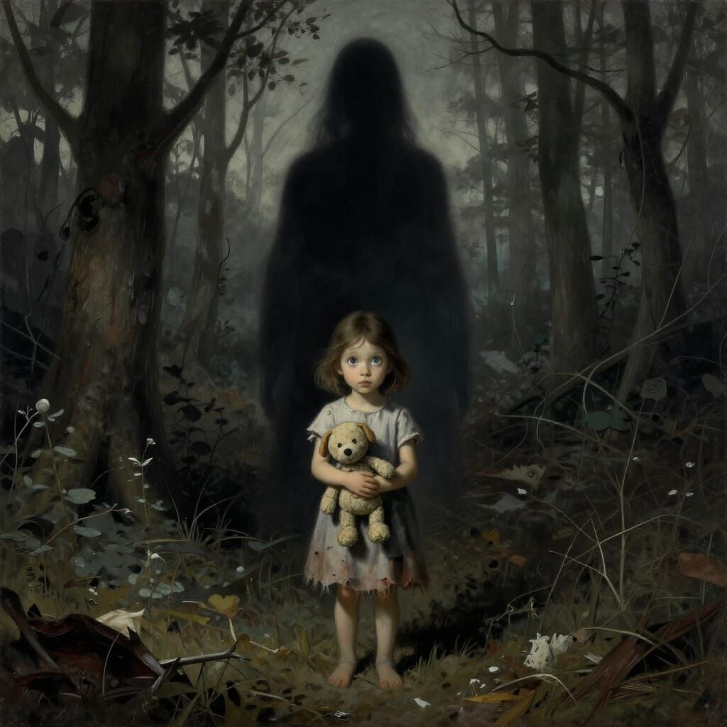 Haunting Surrealist Painting of Child Facing Shadow