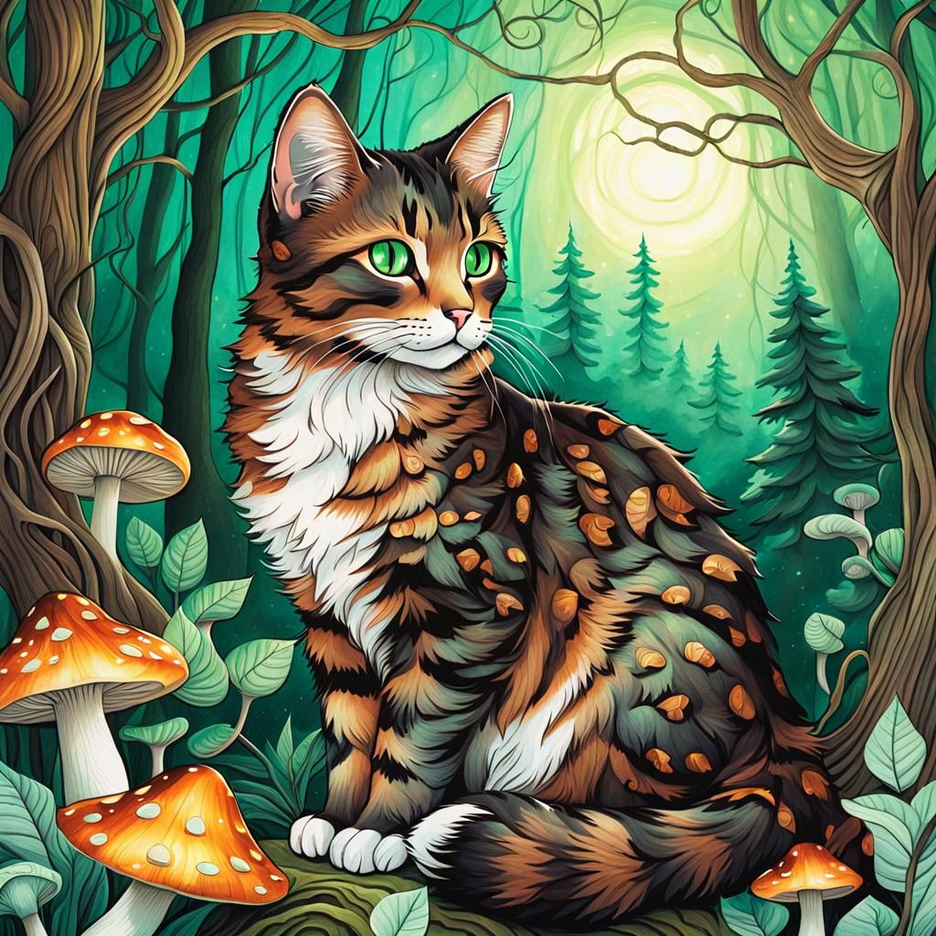 Mystical Forest Cat Illustration with Glowing Mushrooms