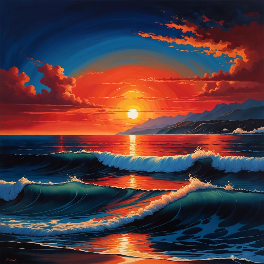 Breathtaking Sunset at Sea with Fiery Sky