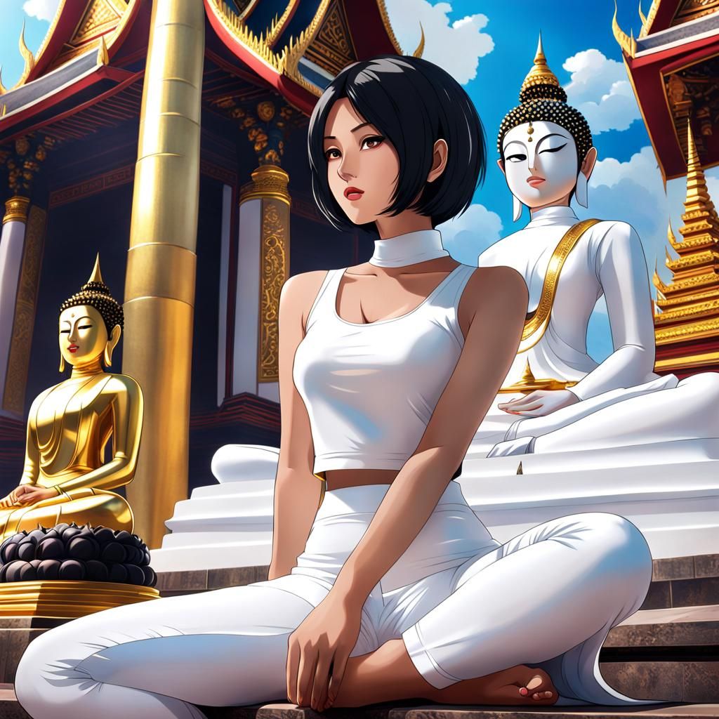 Woman in White at Thailand Temple, Anime Style