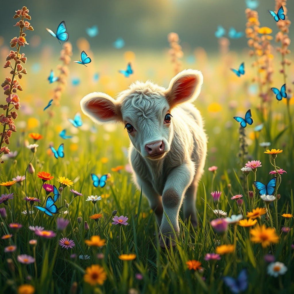 Cute Cow in Field of Flowers: Fantasy Concept Art