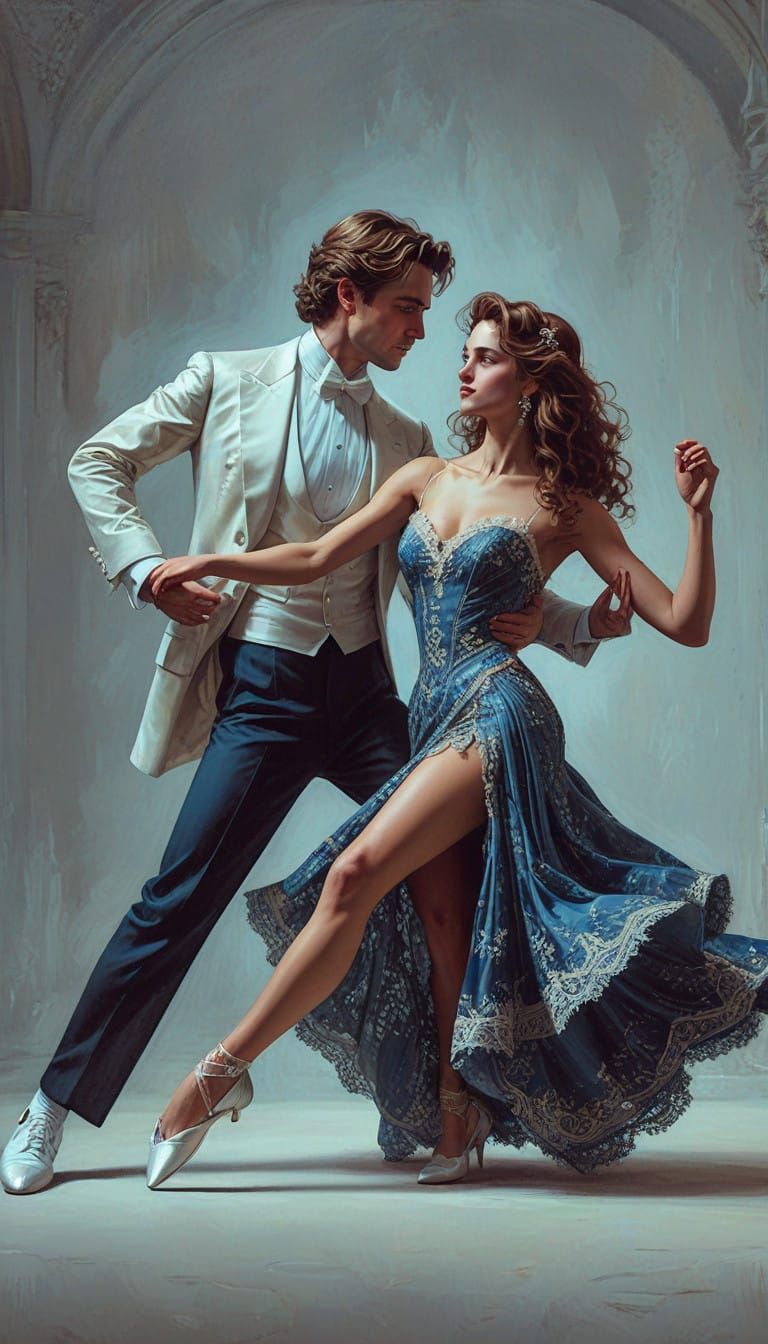 Romantic Couple Waltzing in Red Silk with Golden Lighting