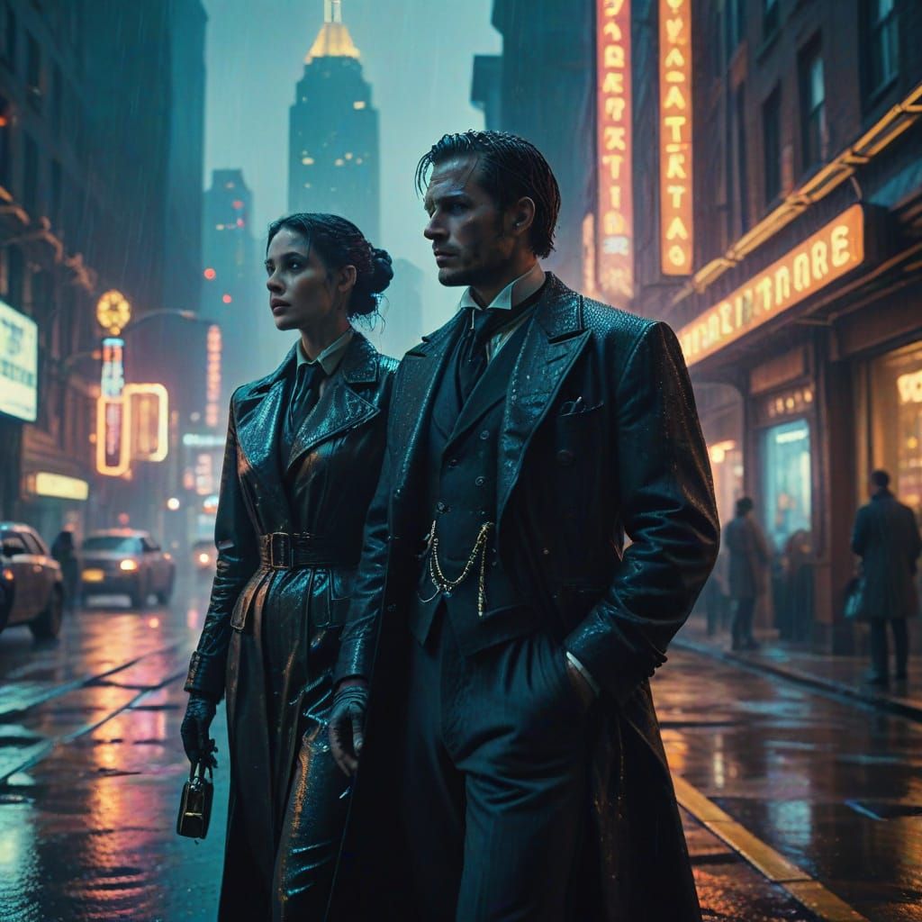 Victorian Couple in Cyberpunk Cityscape