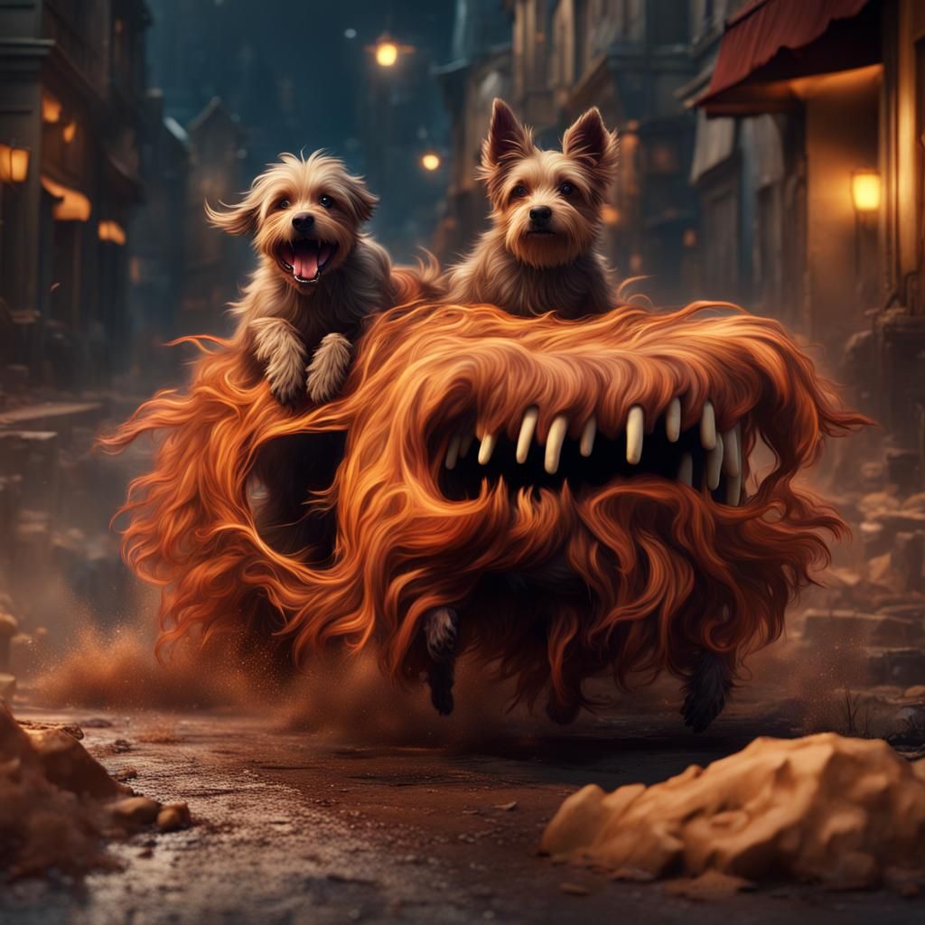 Dog Chased by Owner with Bone: Detailed Matte Painting