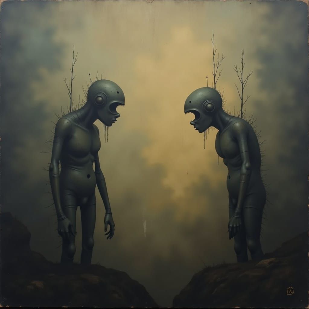 Muted Figures in a Foggy, Hr.Giger-Inspired Landscape