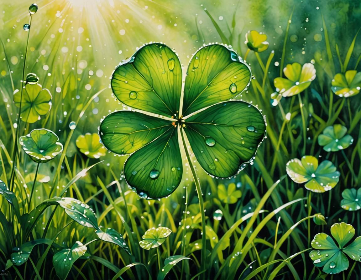 Sunlit Four-Leaf Clover with Dew Drops