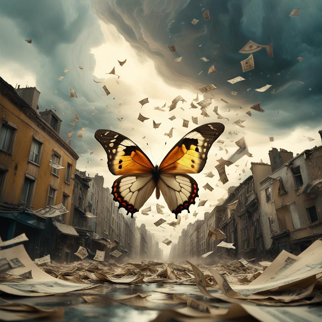 Dreamlike Surrealist Cityscape with Butterfly in Stormy Chao...