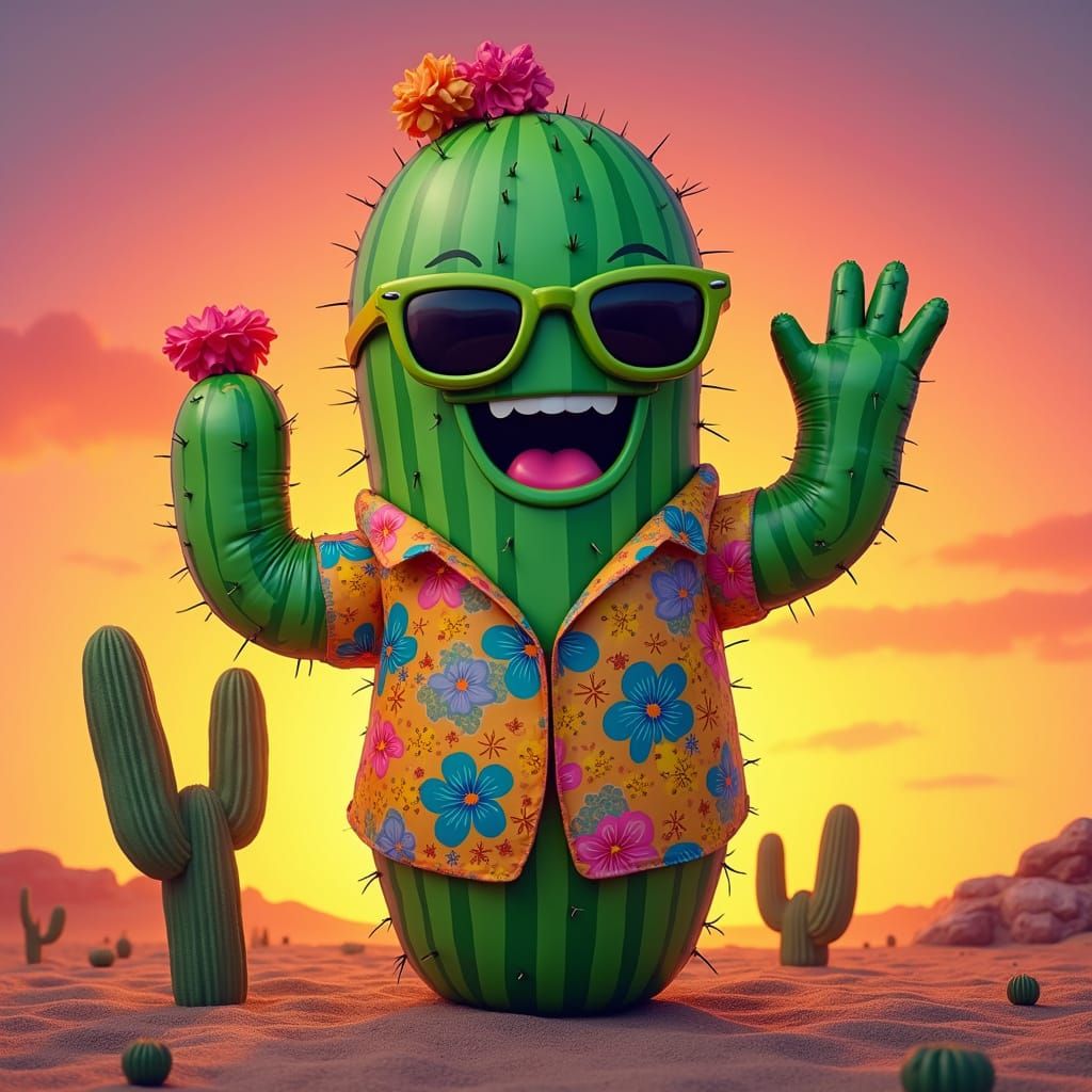 Vibrant Desert Cactus Waving in Playful Style
