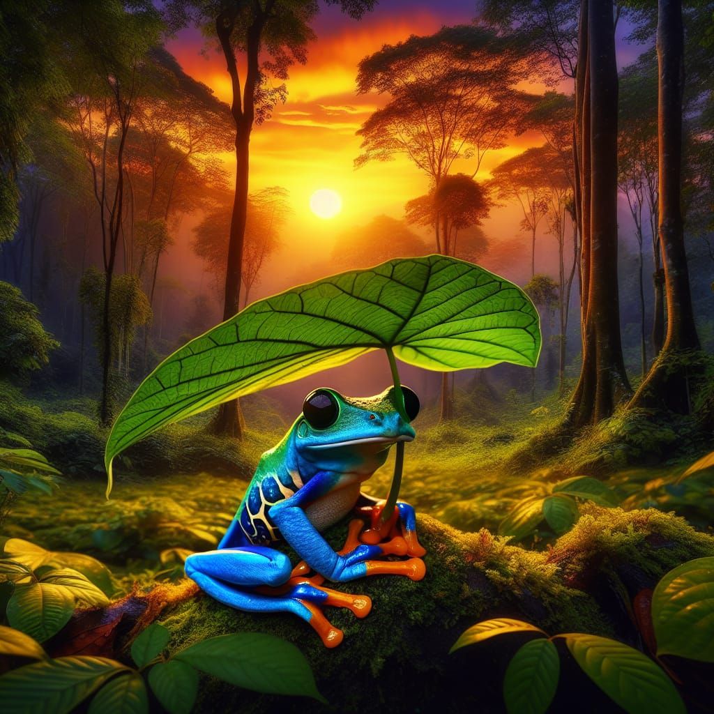 Frog in Serene Sunset Landscape