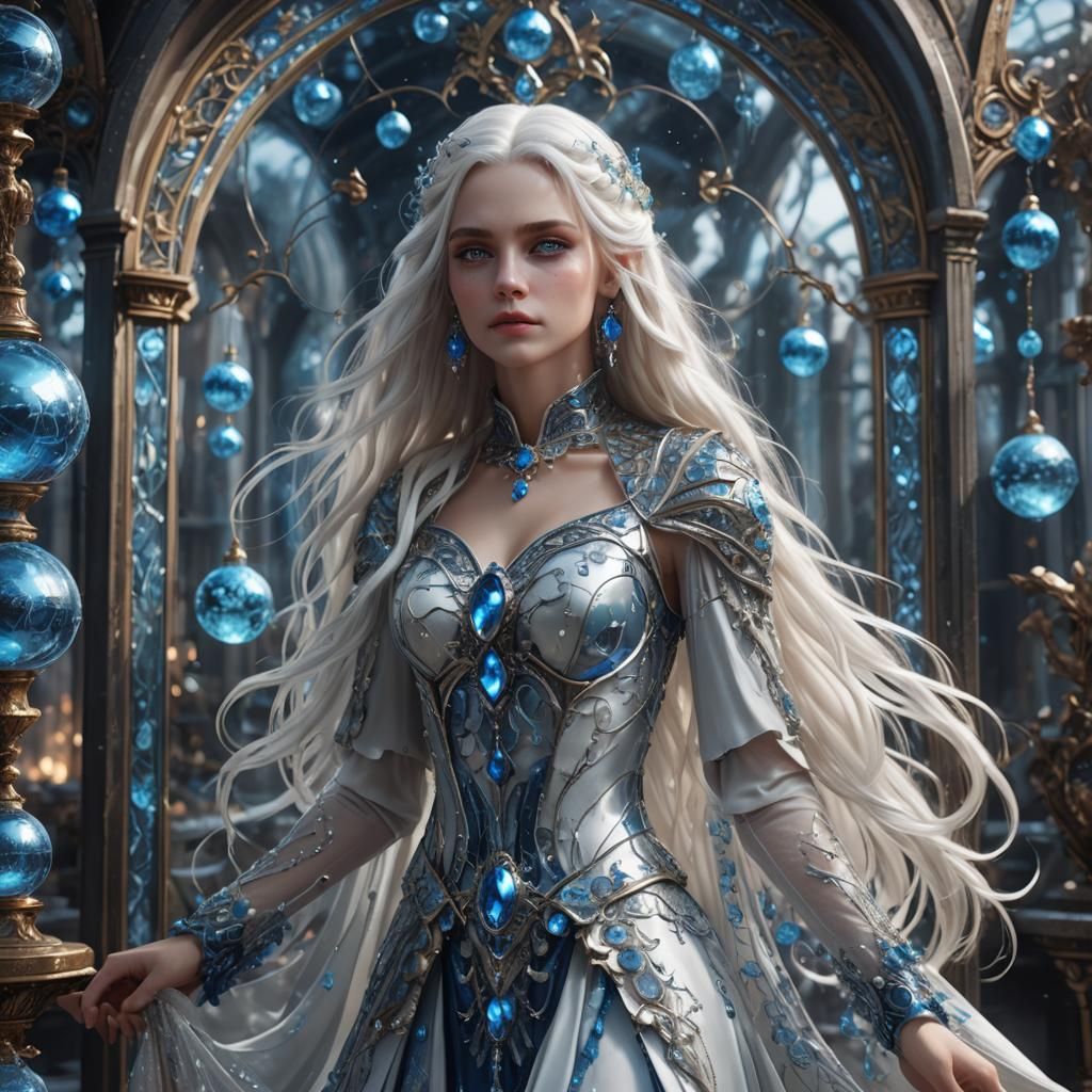 Woman in Glass Dress with Blue Ornaments