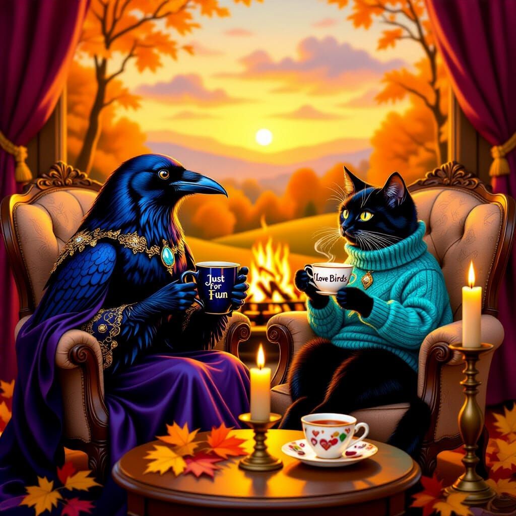 Raven and Cat in Cozy Autumn Fireplace Scene