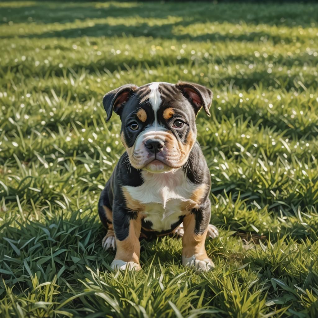 Tricolor American Bully Puppy in a Meadow, Basquiat Style