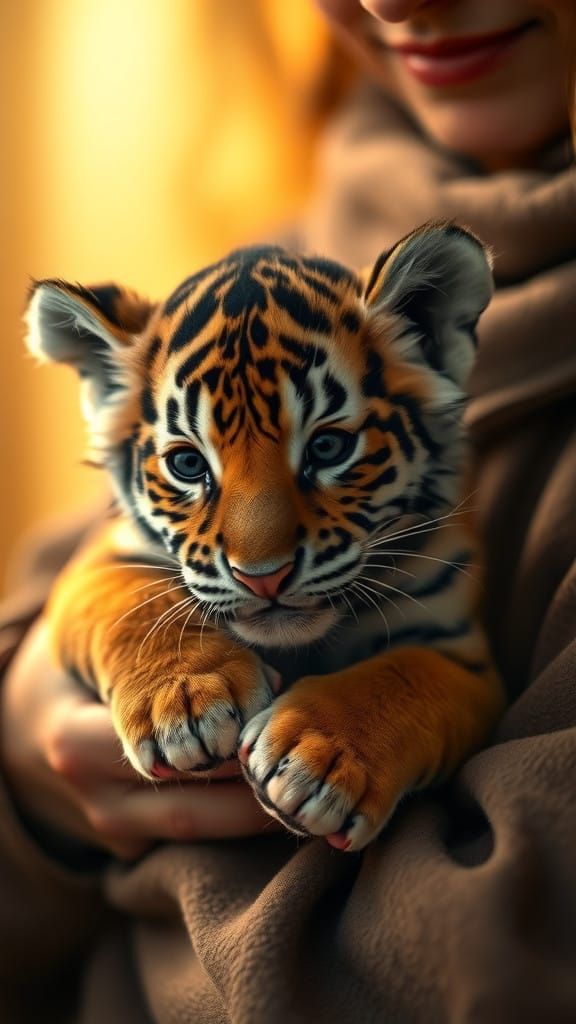 Tender Moment of a Young Tiger Cub in a Gentle Embrace