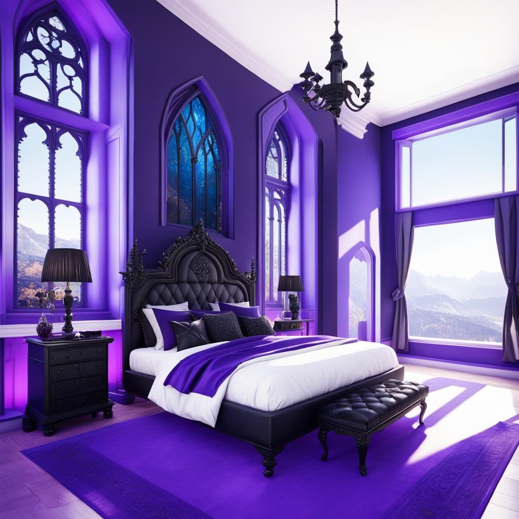 Beautiful gothic bedroom with vibrant purple walls with blac...