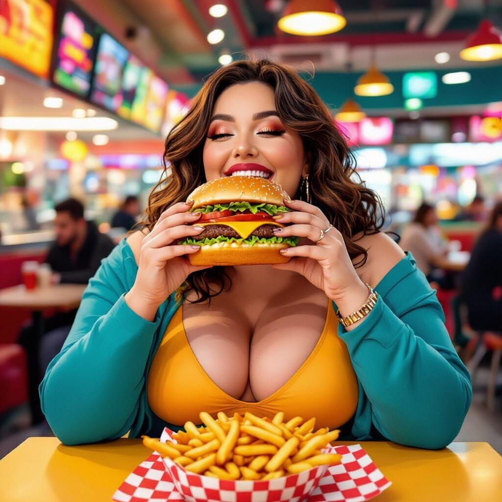 Curvy Woman Enjoys Burger in Vibrant Food Court