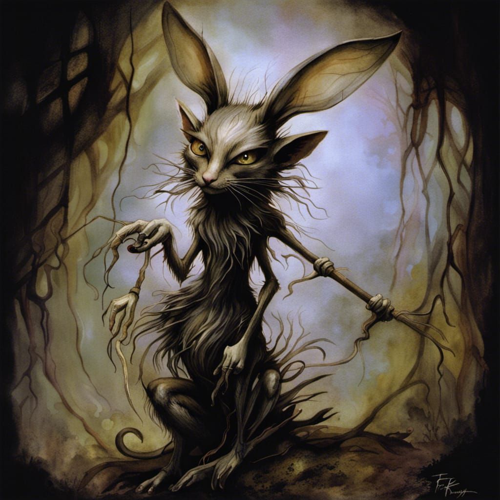 Dark fey creature of the dusk, rodent, cat and rabbit fairy ...