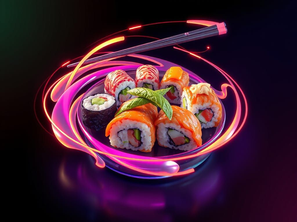 Vibrant Sushi in Abstract Arrangement with Dramatic Lighting