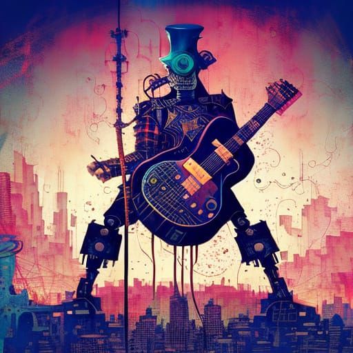 Steampunk Robot Rockstar Guitarist in Dark Fantasy Style