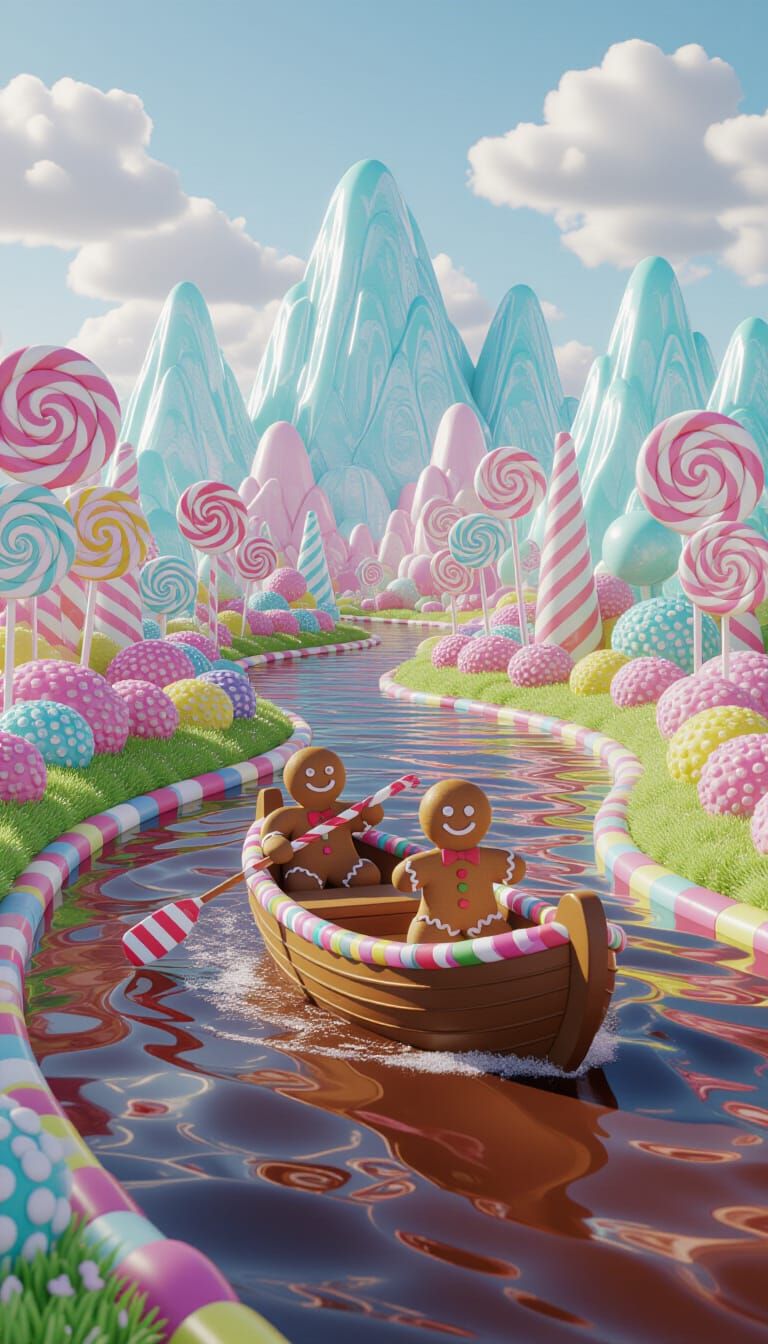 Magical Candyland Scene with Chocolate River and Mint Mounta...