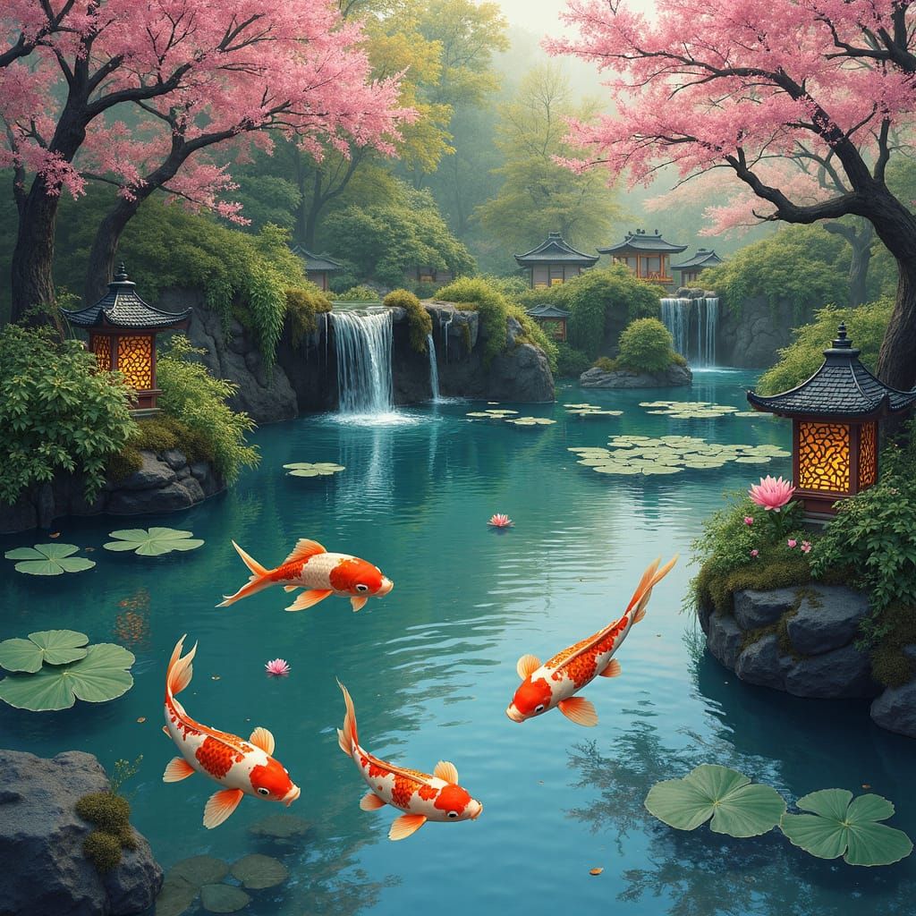 Japanese Garden Koi Pond in Serene Digital Acrylic Painting
