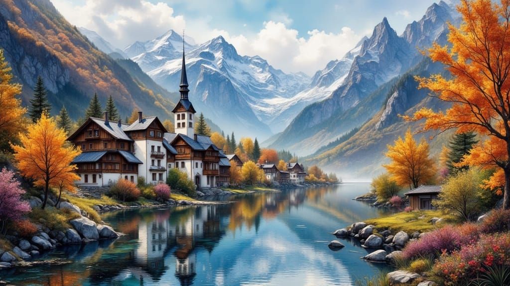 Picturesque Alpine Village in Autumn Watercolor Style