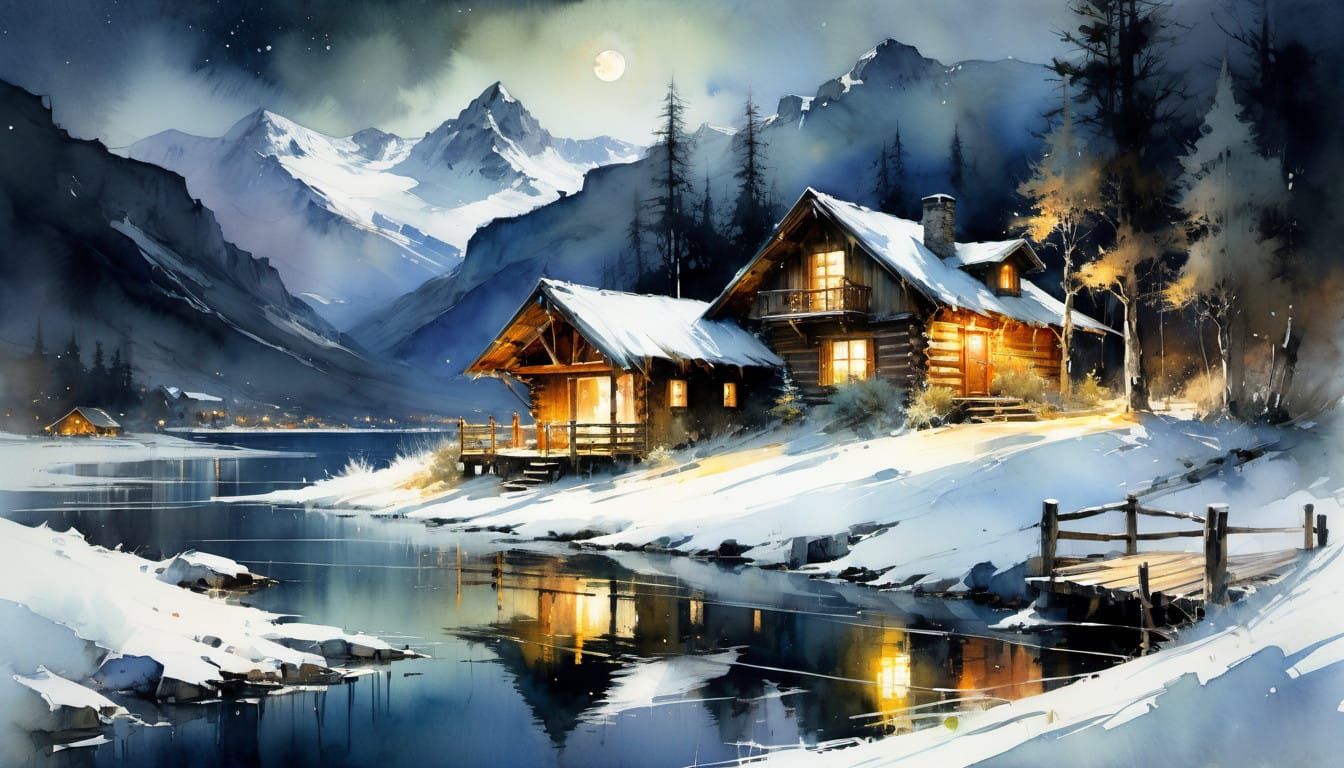 Earth-Toned Watercolor Winter Cabin Scene with Christmas Lig...