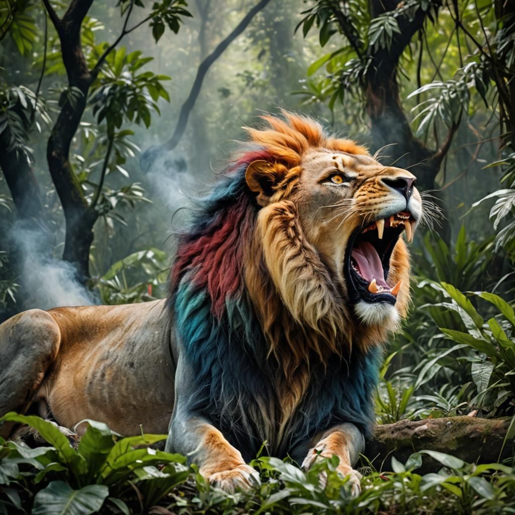 Lion with Colorful Mane Roaring in Jungle
