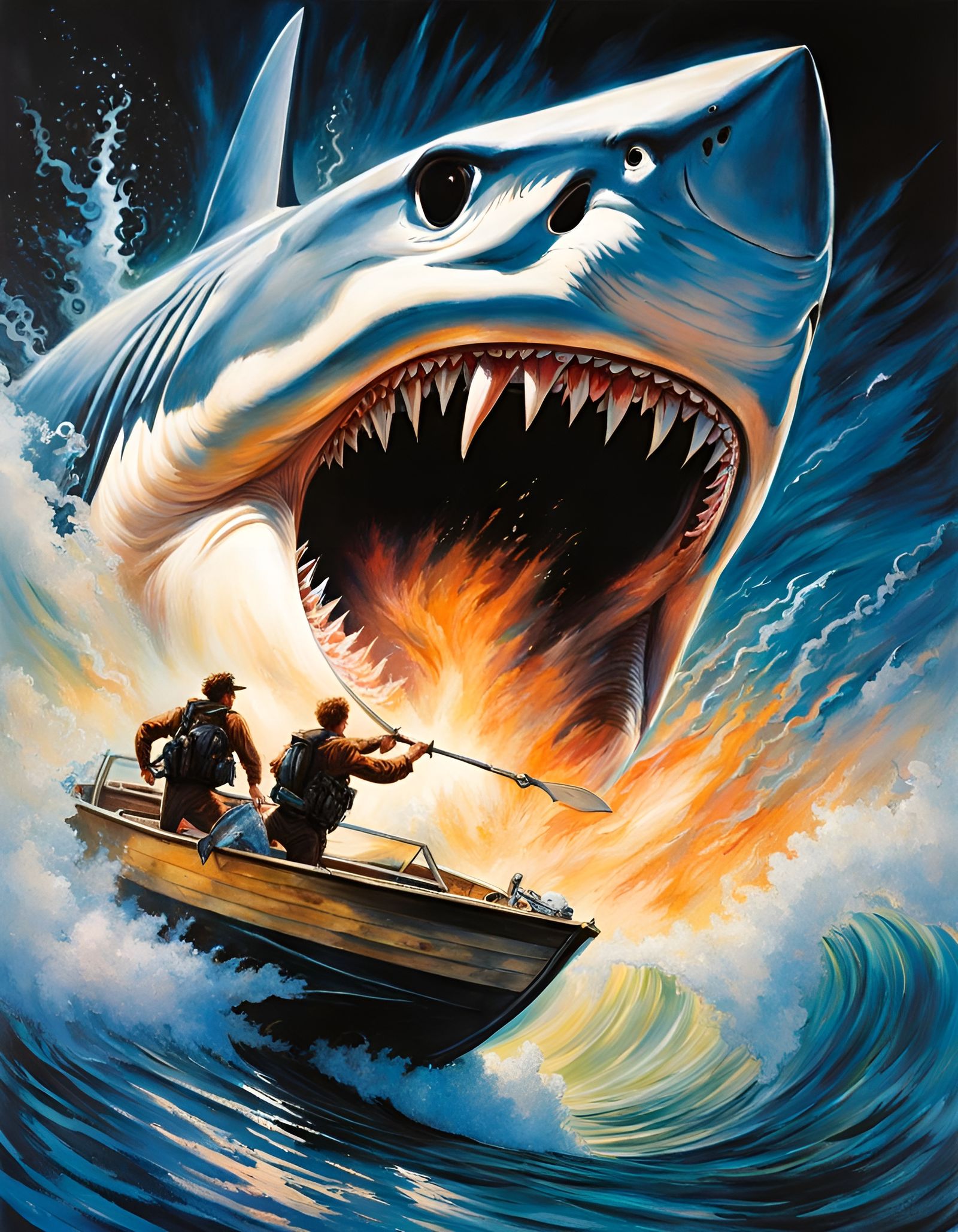 Shark Attack Boat: Drew Struzan-Style Poster Art