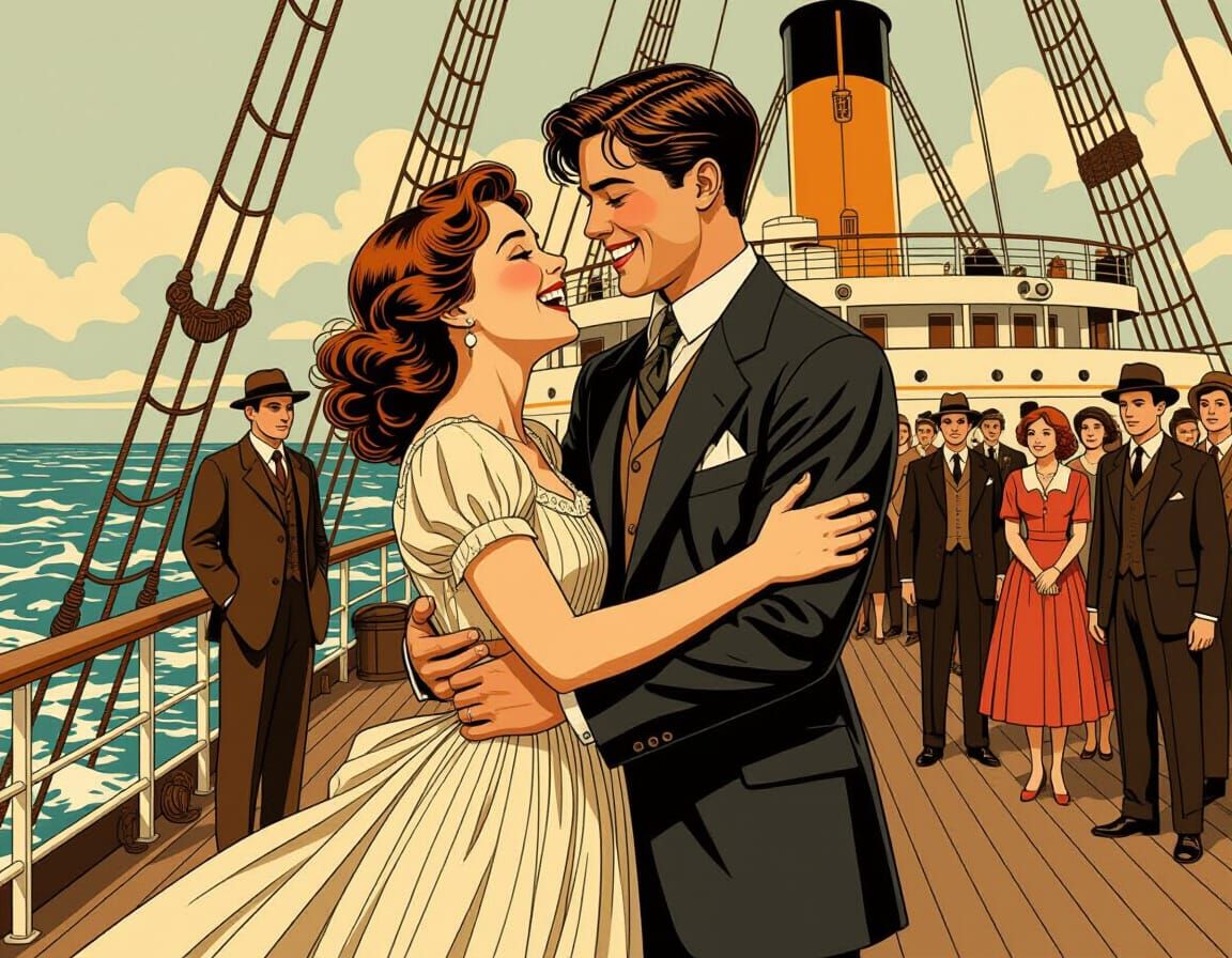 Romantic Couple on Sinking Titanic Deck, Whimsical Details