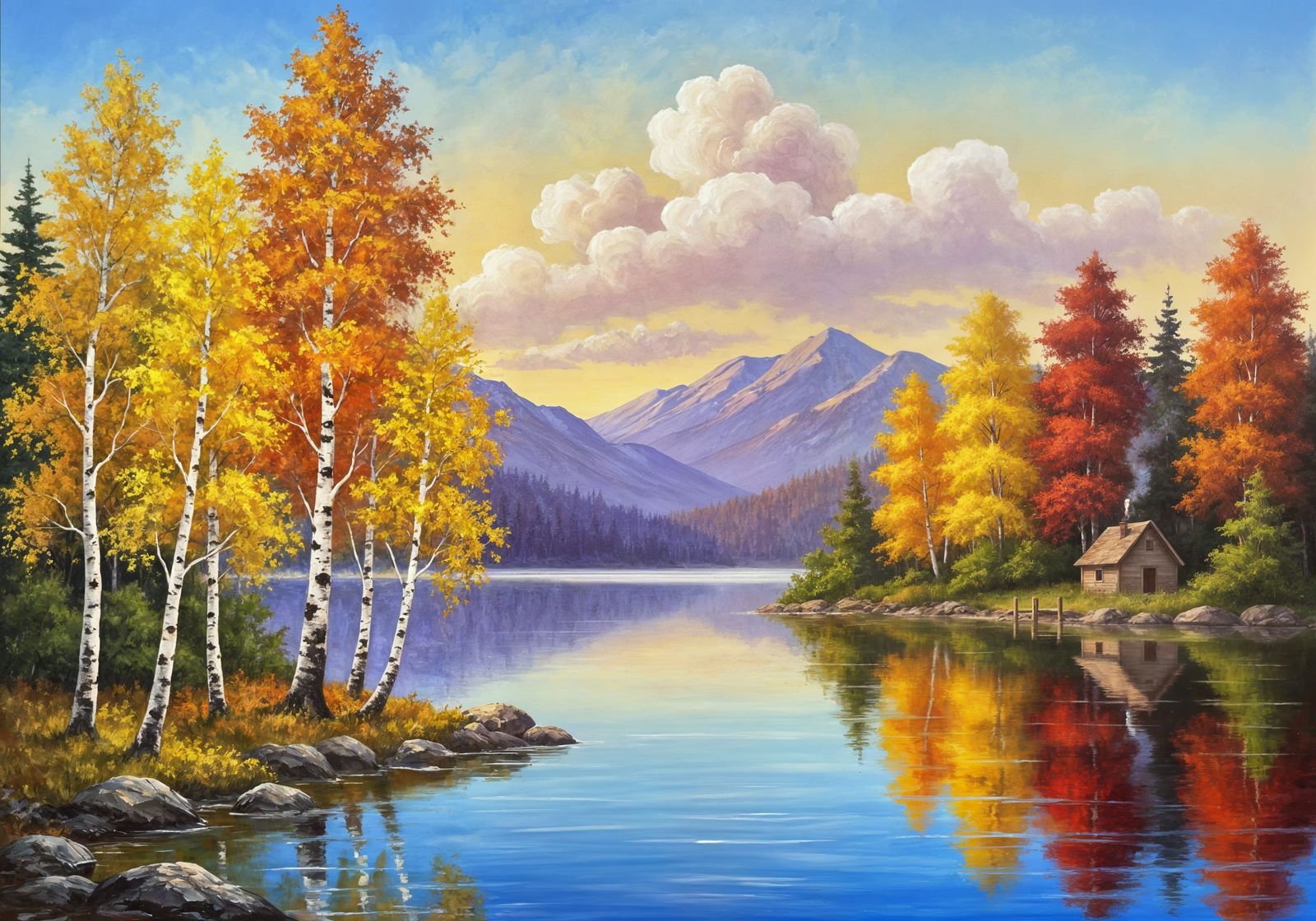 Autumn Lake Cabin in Oil Painting Style