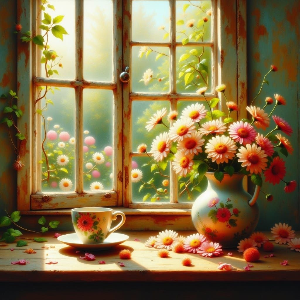 Idyllic Garden View Through Weathered Window in Oil Painting