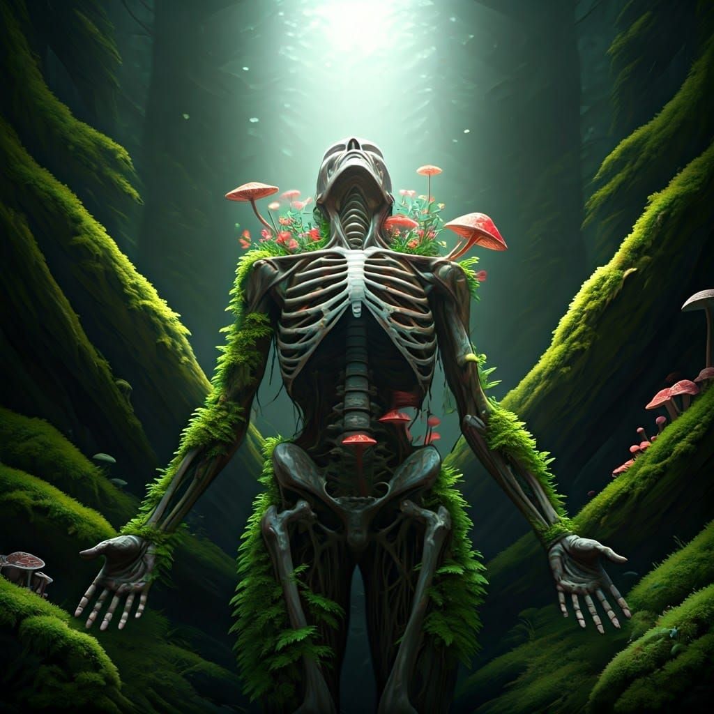 Decaying Corpse Reclaimed by Nature in Ethereal Light