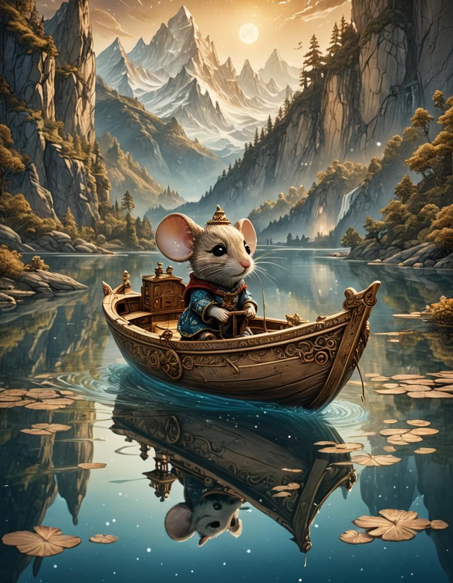 Chibi Mouse on Carved Boat Fantasy Art
