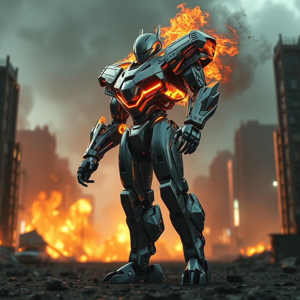 Futuristic Mech Suit Engulfed in Flames